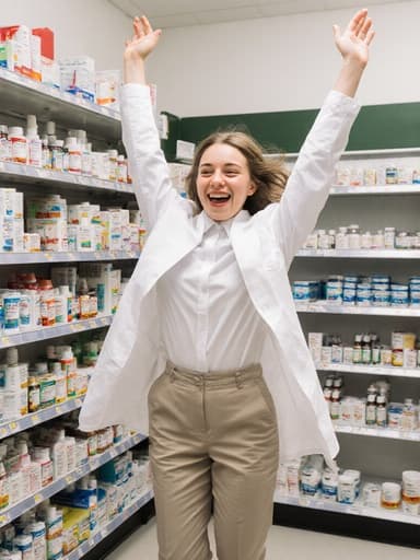 환한 미소를 지닌 백인 여성 약사가 흰색 코트와 깔끔한 블라우스를 입고 약국 선반 근처에서 점프하며 행복과 평온함을 표현하고 있는 모습, 다양한 약품과 건강 보조식품이 정리된 공간에서 촬영된 이미지입니다.