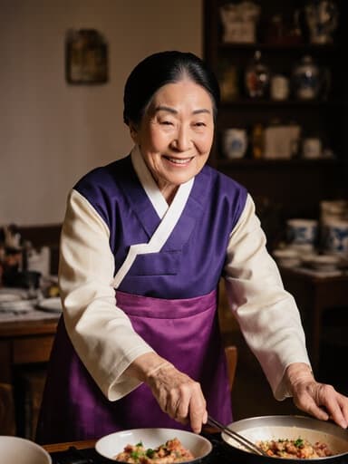 70대 한국인 여성이 화사한 전통 한복을 입고 따뜻한 분위기의 거실에서 전통 음식을 만들기 위해 준비하는 모습입니다. 자연스러운 자세와 행복한 표정이 전통 요리에 대한 자부심을 드러냅니다.