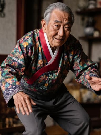 이 이미지는 80대의 혼혈 남성이 화려한 전통 한복을 입고 미소를 지으며 피곤한 표정을 짓고 있는 모습을 담고 있습니다. 그는 전통 소품으로 꾸며진 아늑한 거실 배경에서 기쁘게 점프하며 팔을 벌리고 있습니다. 따뜻하고 초대하는 분위기를 자아냅니다.