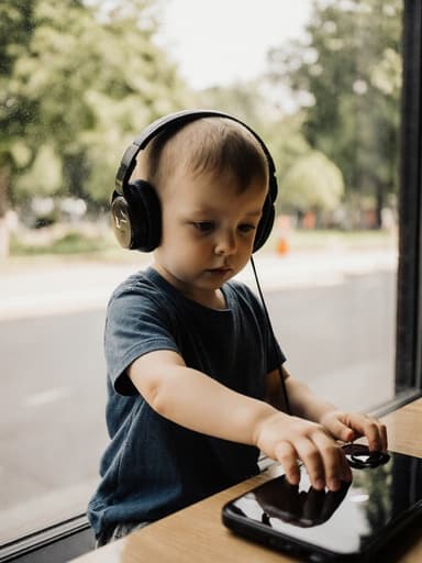 편안한 티셔츠와 반바지를 입고, 음악을 듣고 있는 귀엽고 호기심이 가득한 3세 백인 남아의 반신 사진. 그는 헤드폰을 착용하고 음악 재생 버튼을 누르려 손을 뻗고 있으며, 조용한 카페의 창가에 앉아 밖의 아름다운 공원 풍경을 바라보고 있습니다.