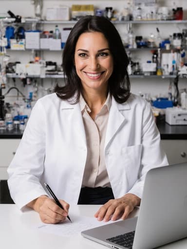 이 이미지는 40대 라틴계 여성의 반신 촬영을 담고 있으며, 편안한 블라우스와 슬랙스, 실험실 코트를 착용하고 있습니다. 그녀는 친근한 미소와 호기심 어린 눈빛으로 테이블 위의 노트북을 바라보며 손에 펜을 들고 있습니다. 배경은 현대적인 연구실로 다양한 실험실 장비가 배치되어 있어 전문적이면서도 친근한 분위기를 자아냅니다.