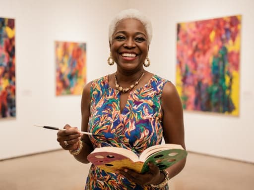 이 이미지는 50대 아프리카계 여성이 화려한 의상을 입고 팔레트를 들고 책을 읽고 있는 모습을 담고 있습니다. 화려한 예술 작품으로 가득한 조명 좋은 전시 공간에서 그녀의 밝은 미소는 행복과 창의성의 본질을 포착합니다.