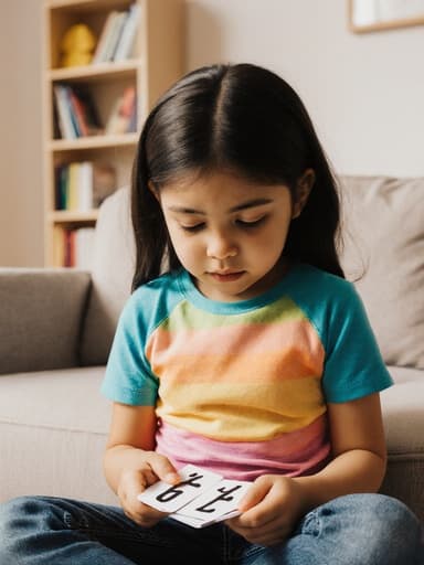 7세 라틴계 소녀가 자연스러운 외모로 반신 촬영된 모습입니다. 그녀는 컬러풀한 티셔츠와 청바지를 입고 있으며, 숫자 카드를 손에 들고 약간 고개를 숙인 채 지루한 표정을 짓고 있습니다. 배경에는 밝고 아늑한 거실이 보이며, 소파와 책장이 있어 따뜻하고 초대하는 분위기를 연출합니다.
