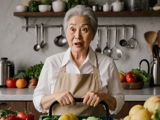 60대 아시아계 여성이 놀란 표정을 지으며 편안한 앞치마와 캐주얼한 블라우스를 입고, 식료품 바구니를 들고 주방 조리대 위의 신선한 재료와 조리기구를 바라보는 모습의 반신 사진.