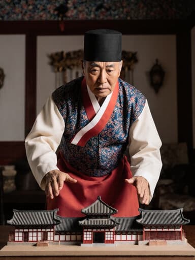 70대의 혼혈 남성이 전통 한복을 입고, 걱정스러운 표정을 지으며 전통 건축 모형을 향해 점프하는 모습의 전신 사진으로, 고풍스럽게 장식된 거실 배경이 잘 어우러져 있습니다.