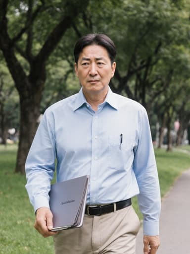 50대 한국인 남성이 깔끔한 셔츠와 바지를 입고 상담 노트를 들고 조용한 공원에서 걷고 있는 모습의 전신 사진입니다. 그의 표정은 당황과 불안을 드러내며, 평화로운 자연 환경과 강한 대조를 이룹니다.