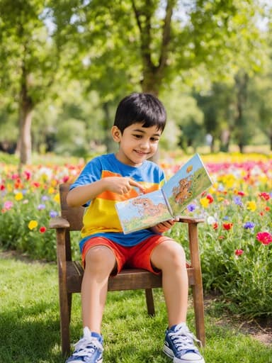 밝은 색상의 티셔츠와 반바지를 입고 의자에 앉아 있는 3세 중동계 남자아이의 매력적인 반신 사진. 그는 장난스러운 표정으로 미소를 지으며 책을 들고 동물 그림을 가리키고 있으며, 배경에는 푸르고 화려한 꽃이 있는 공원이 있습니다.