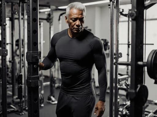 50대 건강한 흑인 남성이 운동복을 착용하고 현대적인 트레이닝 공간에서 트레이닝 용품을 집중해서 살펴보는 모습의 반신 사진, 집중과 결단력을 발산하고 있습니다.
