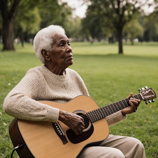 80대의 흑인 여성의 반신 촬영으로, 편안한 니트 스웨터와 캐주얼한 바지를 입고 기타를 무릎 위에 두고 걱정스러운 표정을 짓고 있습니다. 배경에는 푸른 잔디와 나무들이 있는 평화로운 공원이 펼쳐져 있어 고요한 분위기를 자아냅니다.