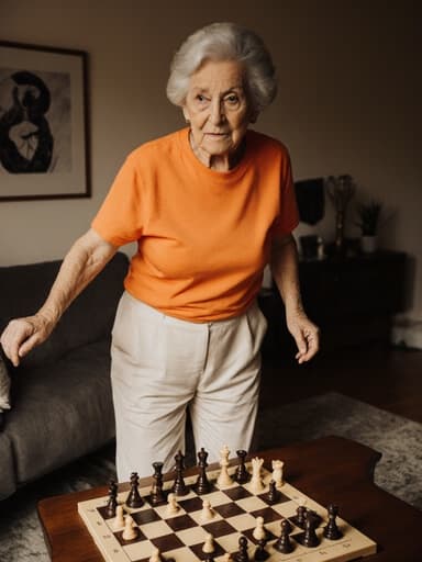 70대의 혼혈 여성으로, 자연스러운 외모를 가진 편안한 캐주얼 의상을 입고 체스판 앞에서 점프하는 자세로 서 있는 모습. 아늑한 거실에서 체스판을 바라보며 무관심한 표정을 지으며 게임에 관심이 없는 듯한 모습입니다.