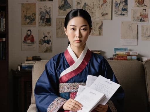전통 한복을 입은 20대 아시아계 여성의 반신 사진으로, 소파에 앉아 한의학 관련 연구 자료를 들고 있습니다. 치료실의 벽에는 관련 그림과 서적이 진열되어 있으며, 그녀의 진지한 표정과 부드러운 조명이 사려 깊은 분위기를 만들어냅니다.
