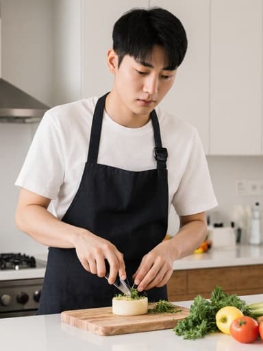 이 이미지는 20대 아시아계 남성이 티셔츠와 앞치마를 입고, 밝고 깔끔한 주방에서 요리를 하고 있는 모습을 담고 있습니다. 그는 한 손에 전화를 들고 다른 손으로 신선한 재료를 준비하며, 평온하고 집중한 표정을 짓고 있습니다.