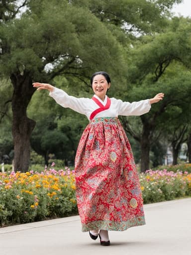 70대 한국인 여성이 화려한 전통 한복을 입고, 아름다운 공원에서 즐겁게 춤추는 모습의 전신 사진. 푸르고 화사한 꽃들이 어우러진 풍경 속에서 편안하고 행복한 표정을 짓고 있습니다.