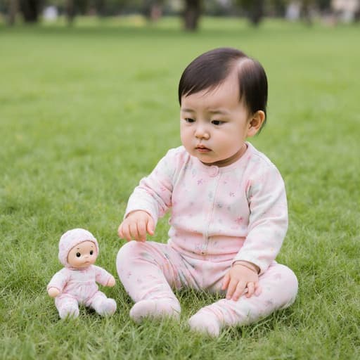 이미지에는 부드러운 색상의 수면복을 입은 1세 아시아계 여자 아기가 잔디 위에 앉아 있는 모습이 담겨 있습니다. 그녀는 작은 인형을 만지작거리며 약간 지루한 표정을 짓고 있으며, 고요한 공원에서 부드러운 햇빛과 함께 평화로운 분위기를 자아냅니다.