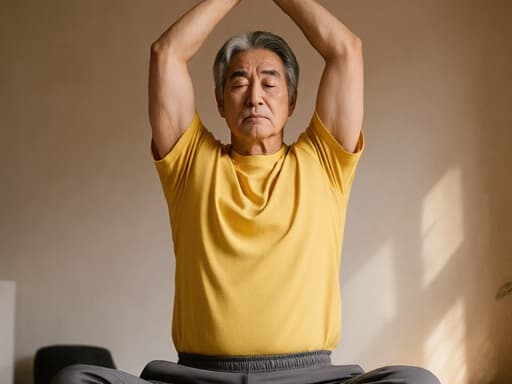 50대 한국 남성이 편안한 요가복을 입고 부드러운 조명이 비치는 고요한 명상 공간에서 팔을 위로 올리며 스트레칭을 하고 있는 모습, 피곤하면서도 편안한 표정을 지니고 있습니다.