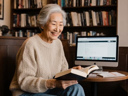 60대 아시아계 여성의 반신 사진으로, 편안한 니트 스웨터와 청바지를 입고 아늑한 카페에서 책을 읽고 있습니다. 그녀는 활기차고 행복한 표정을 지으며, 배경에는 책장과 온라인 강의 화면이 있어 따뜻하고 초대하는 분위기를 연출합니다.