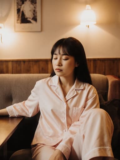 아늑한 카페에서 부드러운 색상의 파자마를 입고 졸린 표정의 귀여운 혼혈 여성이 커피 테이블에 손을 올려놓고 편안하게 앉아 있는 반신 사진, 따뜻한 조명과 편안한 분위기 속에서 여유로운 느낌을 주는 이미지.
