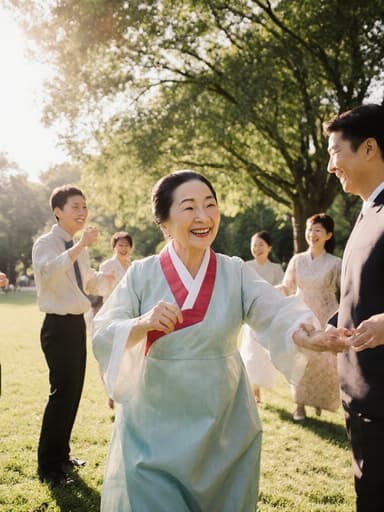 70대 한국 여성의 전신 사진으로, 전통 한복을 입고 친근하게 웃으며 가족과 함께 아름다운 공원에서 즐겁게 춤추고 있는 모습입니다. 주변에는 푸르른 자연과 사랑이 가득한 가족의 모습이 있습니다.