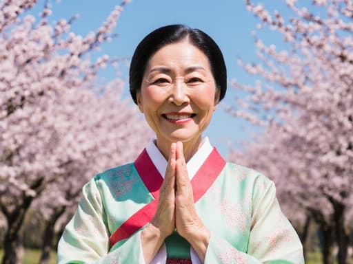 70대 혼혈 여성이 전통적인 한국 의상인 한복을 입고, 벚꽃이 만개한 아름다운 공원에서 차분하고 따뜻한 미소를 지으며 양손을 모으고 인사하는 자세를 취하고 있는 모습의 반신 촬영.