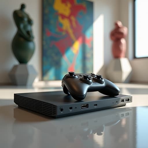 현대 미술 갤러리에 있는 게임 콘솔과 생동감 있는 추상 조각들, 현대적이고 예술적인 분위기.