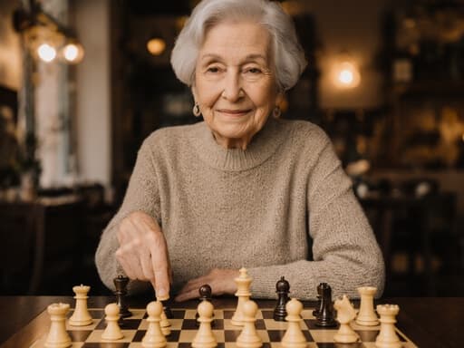 아늑한 카페에서 70대 한국인 여성이 편안한 니트와 바지 차림으로 체스판을 바라보며 즐겁게 말을 움직이고 있는 모습이 담긴 평화로운 순간.