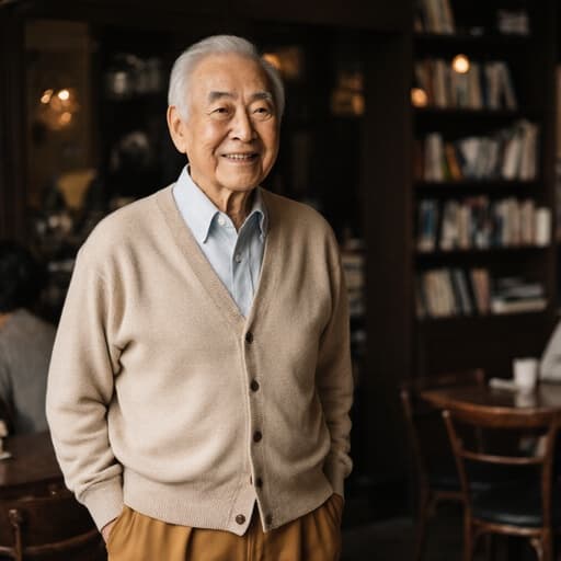 80대 한국인 남성이 따뜻하고 친근한 외모로, 편안한 카디건과 셔츠, 따뜻한 색감의 바지를 입고 있는 반신사진입니다. 그는 아늑한 카페에서 가족과 대화를 나누며 사랑과 애정을 담은 미소를 짓고 있습니다. 이 장면은 소중한 가족의 순간을 기념할 수 있는 따뜻하고 친밀한 분위기를 연출합니다.