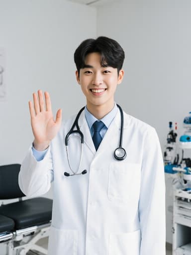 10대 초반의 한국인 남성이 의사 가운과 청진기를 착용하고 밝게 웃으며 손을 흔드는 모습이 깨끗한 병원 검사실 배경 속에서 펼쳐져, 전문적이면서도 친근한 분위기를 전달합니다.