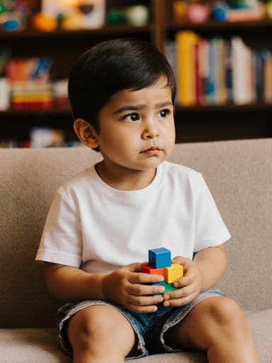 아늑한 카페 소파에 편안하게 앉아 있는 3세의 라틴계 남성의 반신 촬영. 편안한 티셔츠와 반바지를 입고 손에 색깔이 있는 블록을 들고 있지만, 지루한 표정을 짓고 있습니다. 다양한 장식과 책으로 가득한 따뜻한 카페의 분위기가 장면에 재미있고 대조적인 배경을 더합니다.