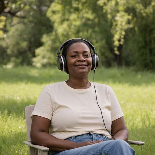 40대 아프리카계 여성이 평화로운 공원에서 편안하게 의자에 앉아 있는 반신 샷. 그녀는 편안한 티셔츠와 청바지를 입고, 커다란 헤드폰을 착용한 채 음악에 몰두하고 있다. 그녀의 표정은 평온하며 기타를 연주하고 있고, 나무와 잔디가 어우러진 풍경 속에서 자연과 음악에 대한 사랑을 드러내는 평화롭고 조화로운 분위기를 자아낸다.