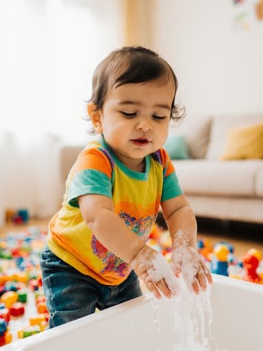 밝은 색상의 티셔츠와 편안한 바지를 입은 1세의 중동계 여성 아기가 졸린 표정을 지으며 비누로 손을 씻고 점프하는 모습의 전신 사진입니다. 배경은 장난감들이 흩어져 있는 밝고 아기자기한 거실로, 어린 시절의 순수함과 장난스러움을 강조하는 따뜻하고 초대하는 분위기를 만들어냅니다.
