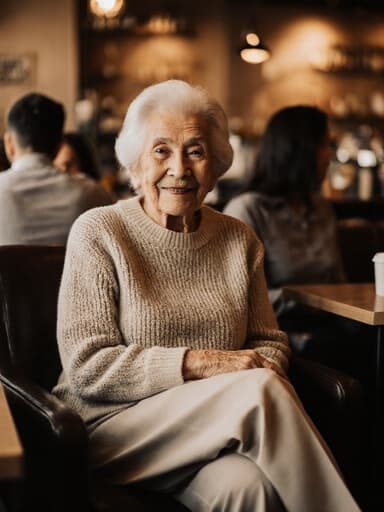 아늑한 카페에서 편안한 니트 스웨터와 슬랙스를 입고 평온한 미소를 지으며 가족과의 대화를 즐기고 있는 80세의 라틴계 여성의 반신 사진. 따뜻한 조명 아래에서 자연스럽고 편안한 분위기를 자아냅니다.