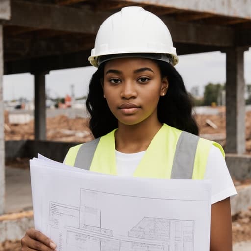 자신감 있는 10대 초반의 흑인 여성이 건축 현장에서 편안한 작업복과 안전모를 착용하고 있습니다. 도면을 들고 집중한 표정을 지으며, 결단력과 전문성을 나타내고 있습니다. 배경에는 기초 작업이 진행 중인 모습이 있어 역동적인 분위기를 더합니다.