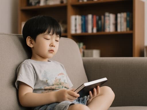 아늑한 거실 소파에 앉아 음악을 듣고 있는 귀여운 3세 한국 남자 아이의 반신 사진, 졸린 표정과 편안한 티셔츠와 반바지를 입고 있는 모습.