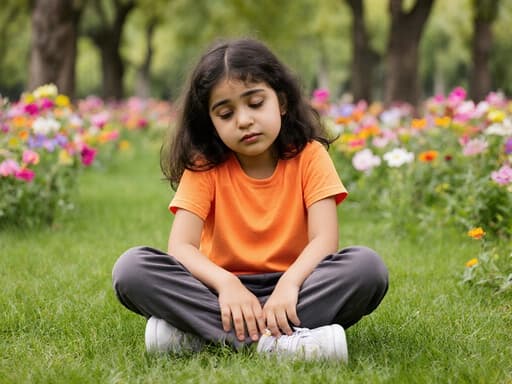 잔디가 깔린 공원에 앉아 있는 7세 중동계 여성의 반신 이미지로, 밝은 색상의 티셔츠와 편안한 운동 바지를 착용하고 있습니다. 졸린 표정을 짓고 있으며, 다리를 모으고 손을 바닥에 대고 있습니다. 배경에는 나무와 꽃들이 보이며 평화로운 분위기를 자아냅니다.