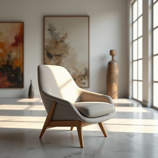 현대 미술 갤러리에 있는 라운지 체어, 밝고 예술적인 분위기.