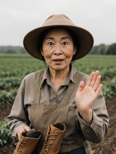 40대 아시아계 여성의 반신 샷으로, 자연스러운 외모를 가진 그녀는 편안한 작업복을 입고 모자와 장화를 착용하고 있으며, 놀란 표정을 짓고 왼손을 들어 인사하는 자세를 취하고 있습니다. 배경은 농작물이 자라는 넓은 밭입니다.