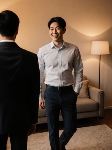 20대 동양인 남성이 자신감 있는 미소를 지으며 동료와 함께 걷고 대화하는 모습을 담은 전신 사진. 캐주얼한 셔츠와 슬랙스를 입고 아늑한 거실의 따뜻한 조명 아래에서 자연스러운 분위기를 연출하고 있다.