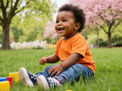 낮은 각도에서 찍은 사진으로, 귀여운 외모를 가진 1세의 흑인 남아가 푸른 잔디 위에 앉아 밝은 색상의 티셔츠와 운동화를 입고 있습니다. 그는 장난감과 놀면서 활기차고 즐거운 표정을 짓고 있으며, 주변에는 꽃과 나무가 어우러져 있는 활기찬 공원의 배경이 펼쳐져 있습니다.