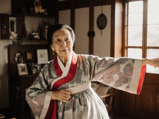 80대 혼혈 여성의 반신 사진으로, 전통적인 한복을 입고 아늑한 전통 소품이 있는 거실에서 편안하게 스트레칭을 하고 있습니다. 그녀는 편안한 표정을 지으며 따뜻한 조명이 문화적 평온의 본질을 담아냅니다.