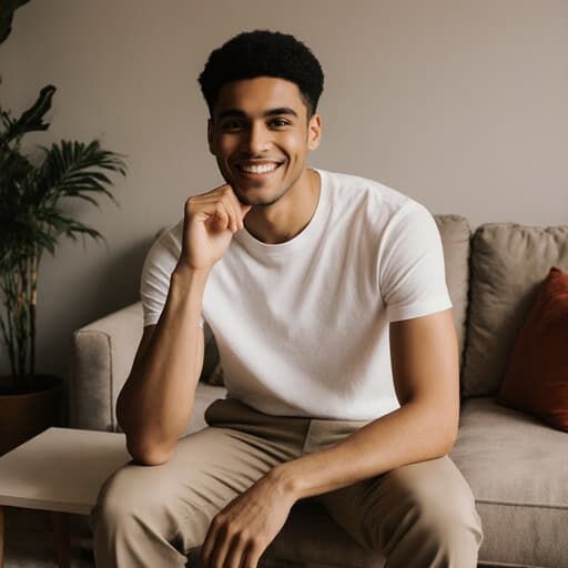 20대 라틴계 남성이 편안한 티셔츠와 슬랙스를 입고 아늑한 거실의 테이블에 앉아 있습니다. 그는 밝고 긍정적인 미소를 지으며 손으로 턱을 괴고 생각에 잠긴 모습입니다. 배경에는 소파와 다양한 실내 식물들이 있어 따뜻하고 초대하는 분위기를 만들어 주며, 모델의 편안한 태도를 강조합니다.