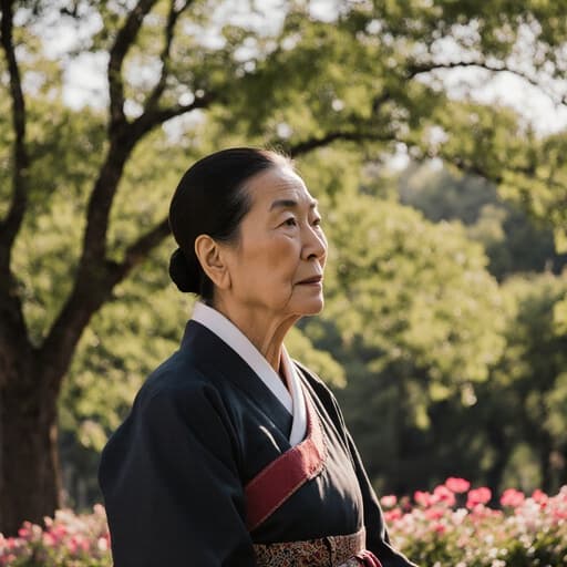 70대 아시아계 여성이 전통 한복을 입고, 나무와 꽃이 있는 평화로운 공원에서 조용히 스트레칭하는 모습의 반신 사진을 담고 있습니다. 그녀의 외로운 표정은 장면의 감정적 깊이를 강조하며, 부드럽고 따뜻한 조명이 그녀의 의상과 평화로운 환경의 아름다움을 더해줍니다.
