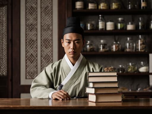 20대의 흑인 남성이 전통 한복을 입고 한의원 내부의 나무 테이블에 앉아 있습니다. 그는 진지한 표정으로 한의학 연구서적을 바라보고 있으며, 배경에는 한약재가 진열된 전통적인 인테리어가 있어 문화적인 분위기를 자아냅니다.