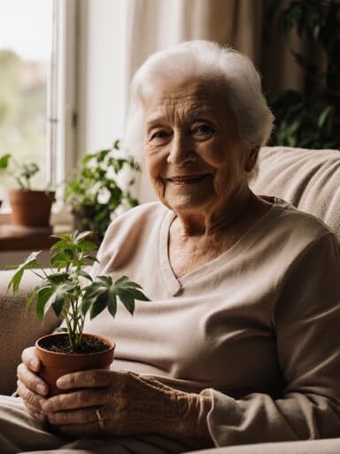 70대의 평온한 라틴계 여성이 아늑한 거실의 소파에 앉아 작은 화분을 들고 있는 반신 사진으로, 창문 근처의 녹지로 가득 차 있는 따뜻한 분위기를 자아내며 평화와 행복을 발산합니다.