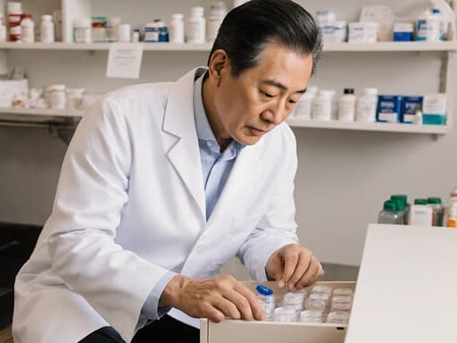 60대 아시아계 남성이 약사 복장을 하고 아늑한 약국 상담 공간의 바닥에 앉아 약통이나 서랍을 살펴보며 자신감 있는 표정을 짓고 있습니다. 배경에는 다양한 약품으로 가득한 진열대와 상담 테이블이 있어 전문적인 약국의 분위기를 잘 나타내고 있습니다.