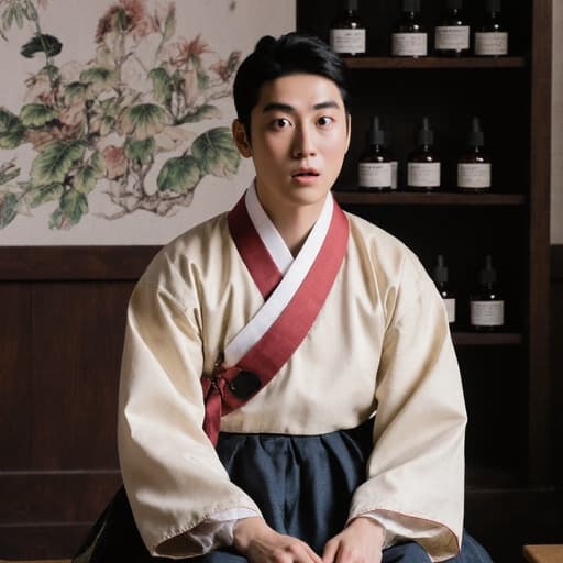 전통 한복을 입은 10대 후반 아시아계 남성이 전통 치료실에 앉아 놀란 표정을 짓고 있으며, 배경에는 한방 약재 선반과 예술 작품이 있어 차분하고 문화적인 분위기를 자아냅니다.
