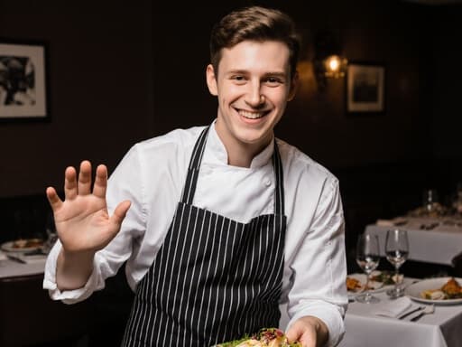 아늑한 식당에서 요리사 유니폼과 앞치마를 입고 활기차게 음식을 서빙하며 손을 흔드는 20대 백인 남성의 반신 사진입니다. 배경에는 맛있는 음식이 차려진 테이블들이 아름답게 배치되어 있어 요리 경험을 강조하는 초대하는 분위기를 만들어냅니다.