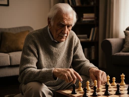 80대 유럽계 남성이 아늑한 거실 바닥에 앉아 체스판을 바라보며 손가락으로 말을 가리키고 있는 모습의 반신사진. 그의 표정은 지혜로우며, 따뜻한 조명과 소파, 책장이 있는 공간이 배경을 이루고 있습니다.