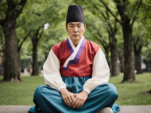 이 이미지는 80대 혼혈 남성이 전통 한복을 입고 평화로운 공원에서 푸르른 나무들로 둘러싸여 다리를 꼬고 앉아 있는 모습입니다. 그의 차분한 표정과 편안한 자세는 고요함과 문화적 감사를 불러일으킵니다.