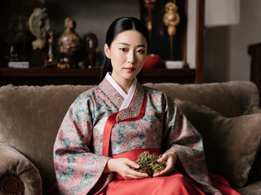 20대 아시아계 여성의 상반신 모습으로, 전통 한복을 입고 아늑한 소파에 앉아 약초를 들고 있습니다. 무표정으로 안정감과 신뢰를 주며, 전통 치료법 관련 소품이 놓인 따뜻한 거실에서 촬영되었습니다.