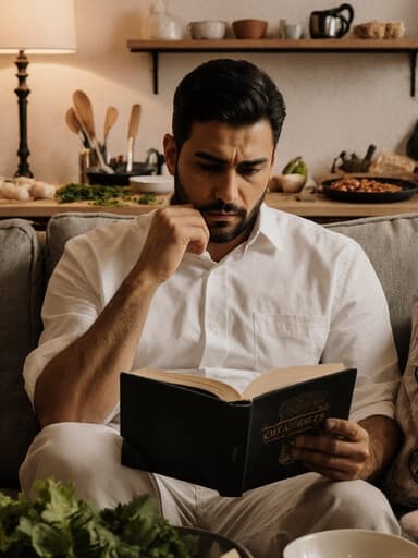 30대 라틴계 남성이 자연스러운 외모로 아늑한 주방의 소파에 앉아 있는 반신 샷. 그는 캐주얼한 셔츠와 바지를 입고 요리책을 들고 있으며, 피곤한 표정으로 요리에 대한 고민을 하고 있습니다. 주방 배경에는 조리도구와 신선한 재료들이 가득하여, 요리 탐험의 주제를 강조하는 따뜻한 분위기를 만들어냅니다.